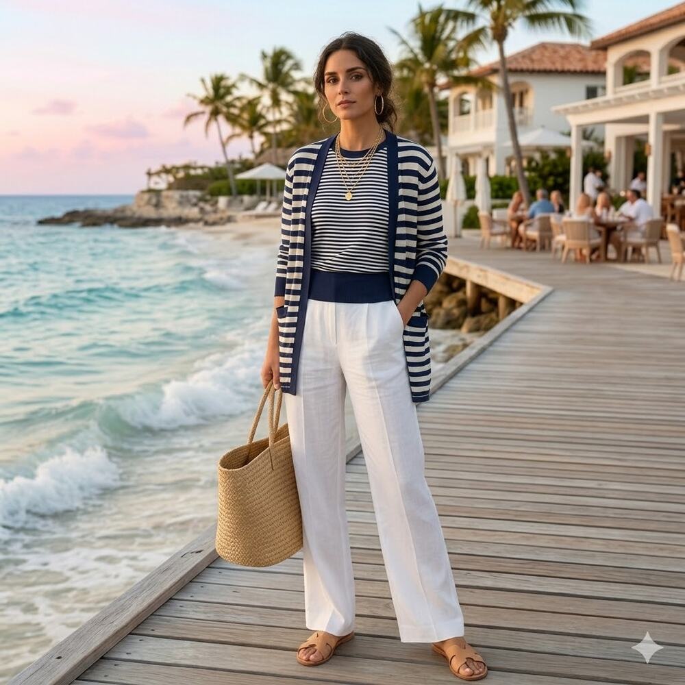 Galinda Wang Vintage Navy Blue White Striped Cardigan & Short Sleeve Top Set 6